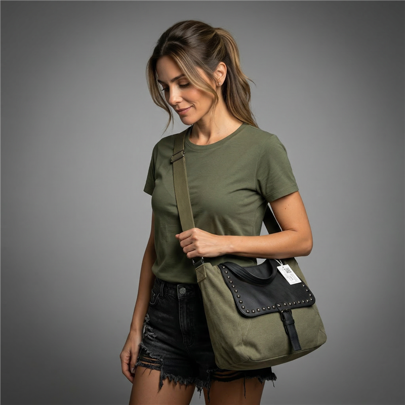 Bolso lona frente bolsillo ecocuero tachas - GO