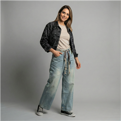 Mujer campera jean corta bordada flores lentejuelas - OG