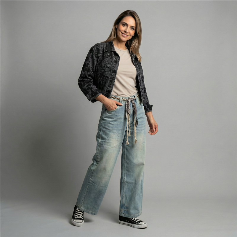 Mujer campera jean corta bordada flores lentejuelas - OG
