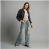 Mujer campera jean corta bordada flores lentejuelas - OG