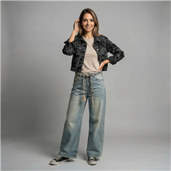 Mujer campera jean corta bordada flores lentejuelas - OG