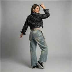 Mujer campera jean corta bordada flores lentejuelas - OG