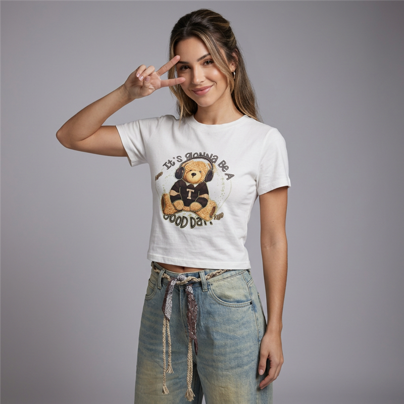 Mujer remera algodon corta estampa oso brillo auricular - EM