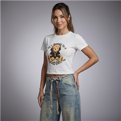 Mujer remera algodon corta estampa oso brillo auricular - EM