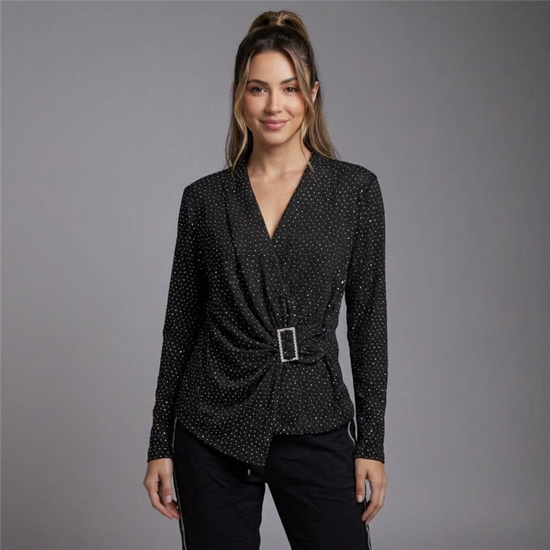 Mujer remera lycra mangas largas cruzada hebilla estrass - OG
