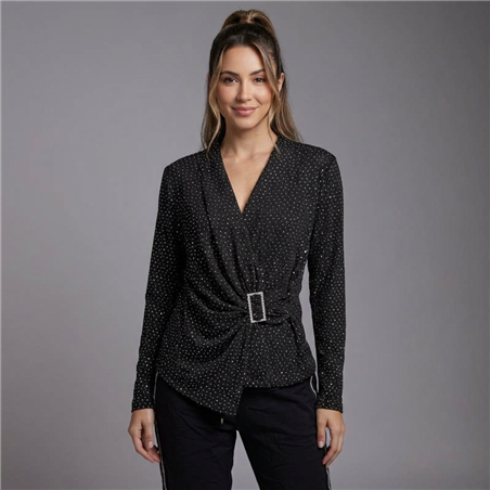 Mujer remera lycra mangas largas cruzada hebilla estrass - OG