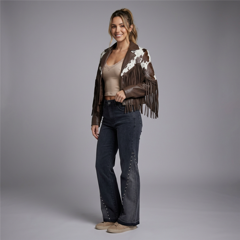 Mujer chaqueta ecocuero combinada flecos - EU