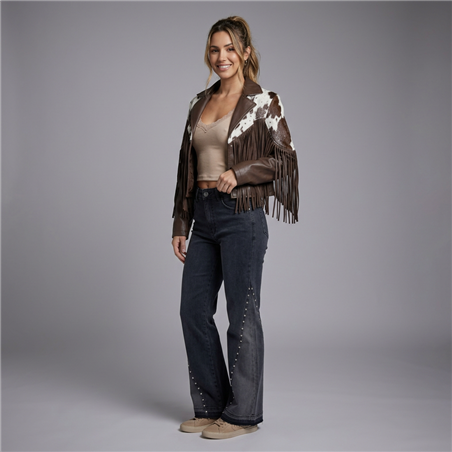 Mujer chaqueta ecocuero combinada flecos - EU