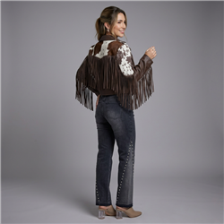 Mujer chaqueta ecocuero combinada flecos - EU