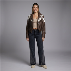 Mujer chaqueta ecocuero combinada flecos - EU