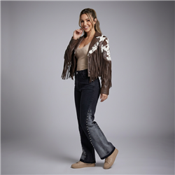 Mujer chaqueta ecocuero combinada flecos - EU