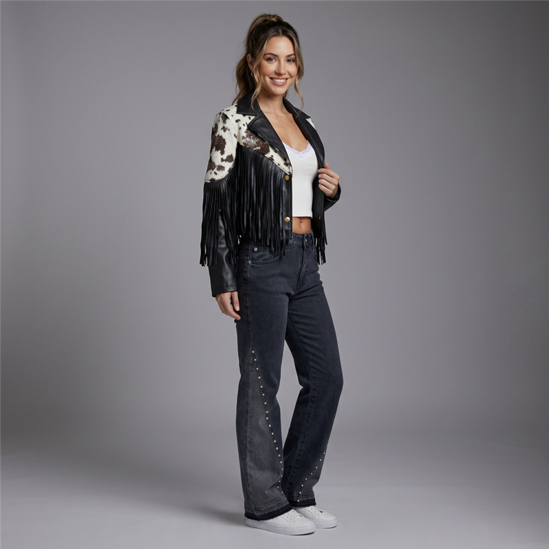 Mujer chaqueta ecocuero combinada flecos - EU