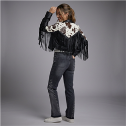 Mujer chaqueta ecocuero combinada flecos - EU