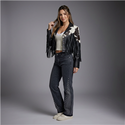 Mujer chaqueta ecocuero combinada flecos - EU