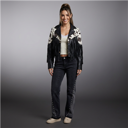 Mujer chaqueta ecocuero combinada flecos - EU