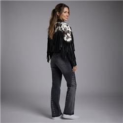 Mujer chaqueta ecocuero combinada flecos - EU