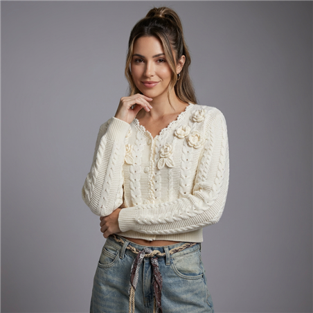 Mujer cardigan tejido aplique flores - EU