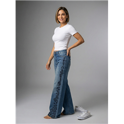 Mujer pantalon jean wideleg bordado flores brillo - EL
