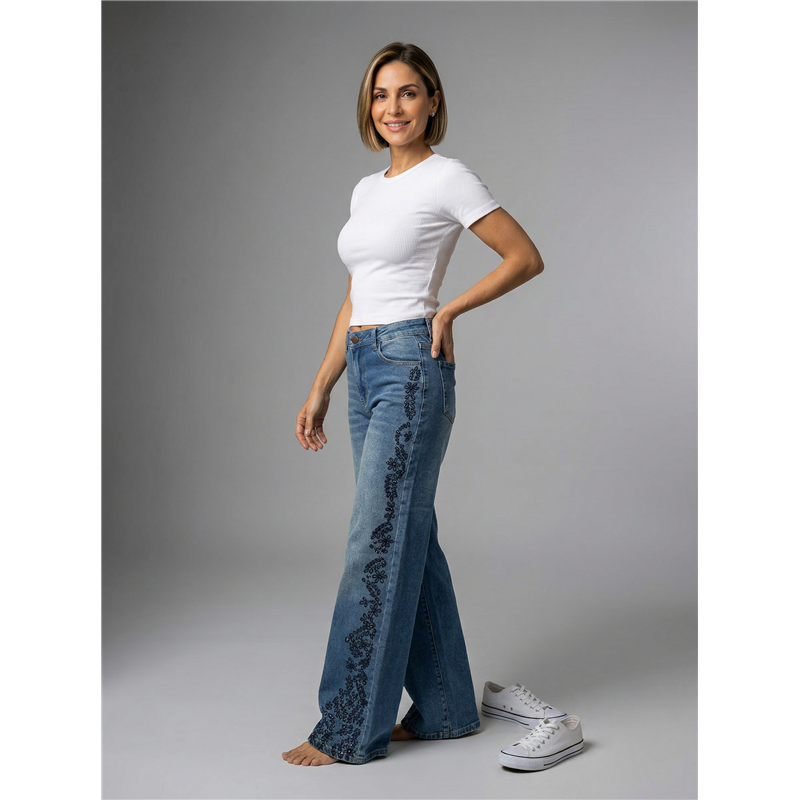 Mujer pantalon jean wideleg bordado flores brillo - EL