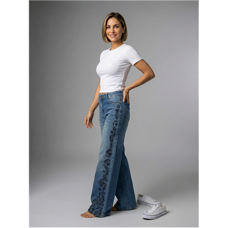 Mujer pantalon jean wideleg bordado flores brillo - EL