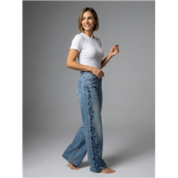 Mujer pantalon jean wideleg bordado flores brillo - EL