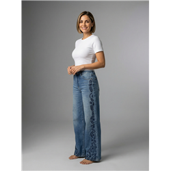 Mujer pantalon jean wideleg bordado flores brillo - EL