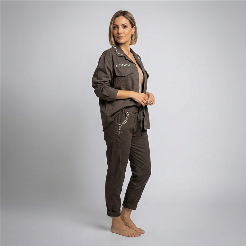 Mujer camisaco gabardina frente tachas linea italiana - IB