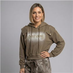 Mujer buzo rustico corto capucha frente letras - PI