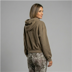 Mujer buzo rustico corto capucha frente letras - PI