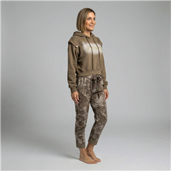 Mujer buzo rustico corto capucha frente letras - PI