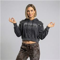 Mujer buzo rustico corto capucha frente letras - PI