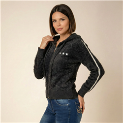 Mujer campera piel capucha doble cierre bordado estrella - EM