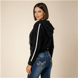 Mujer campera piel capucha doble cierre bordado estrella - EM