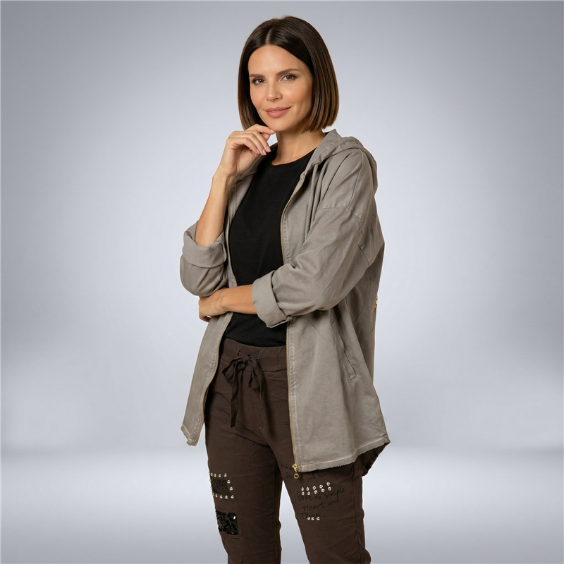 Mujer campera gabardina capucha aplique lentejuelas linea italiana -IB