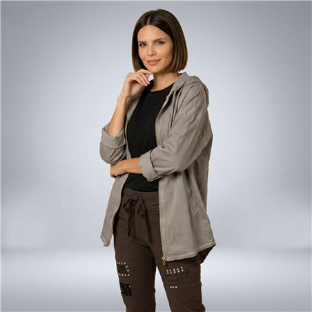 Mujer campera gabardina capucha aplique lentejuelas linea italiana -IB