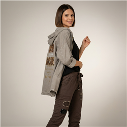 Mujer campera gabardina capucha aplique lentejuelas linea italiana -IB