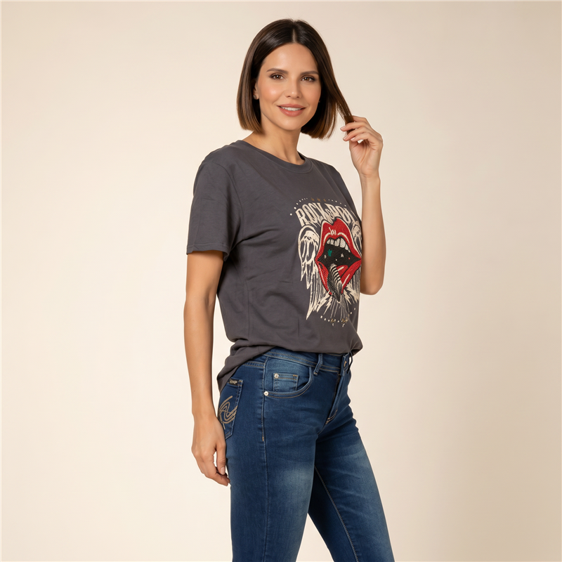 Mujer remera algodon estampa ROCK AND ROLL - FRA