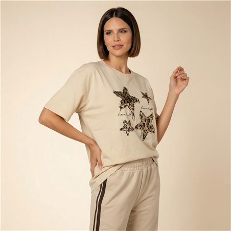 Mujer remera algodon amplia estampa estrellas brillos - FRA