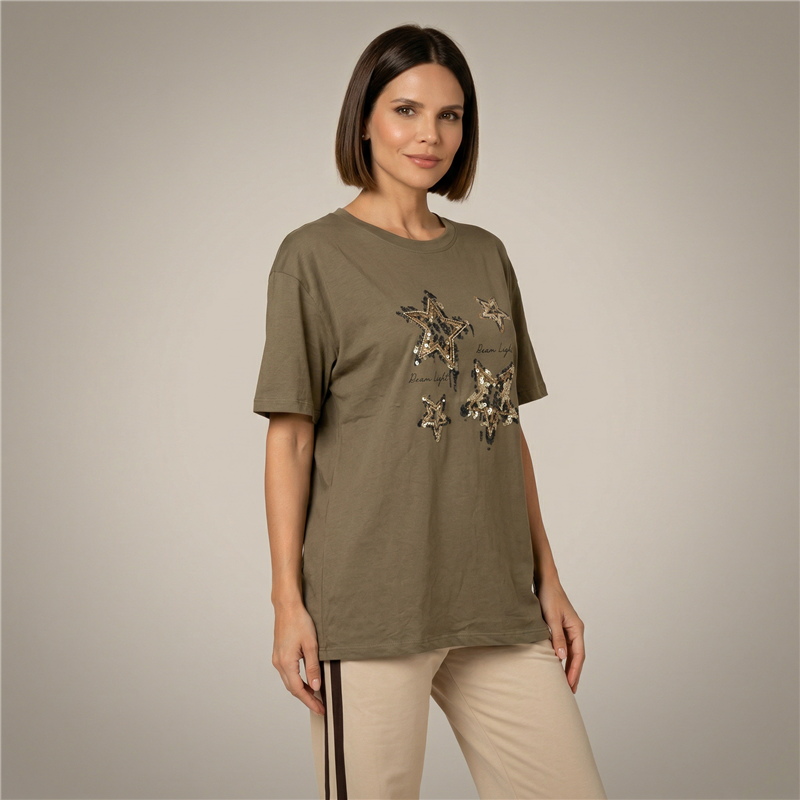 Mujer remera algodon amplia estampa estrellas brillos - FRA