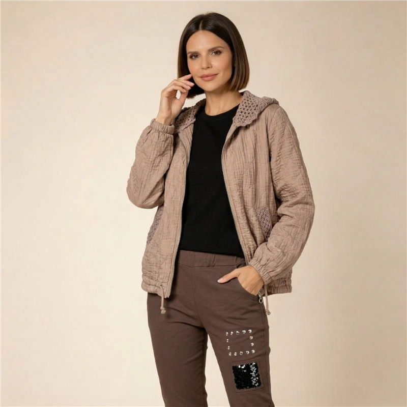 Mujer campera rustica capucha tejida linea italiana - IB