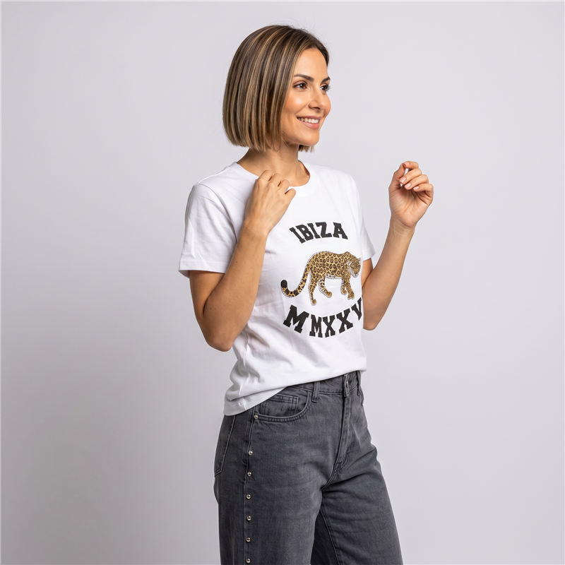 Mujer remera algodon estampa tigre estrass linea italiana - IB