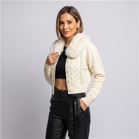 Mujer cardigan tejido cuello piel - FO