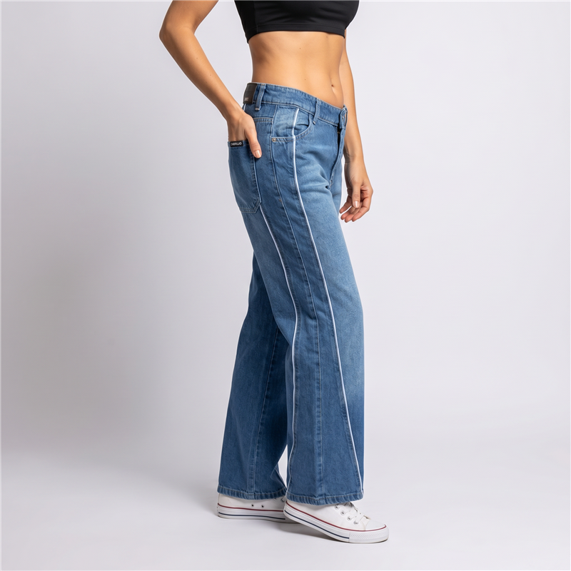 Mujer pantalon jean wide leg detalle vivos - EM