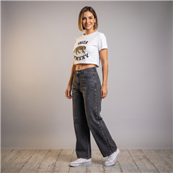 Mujer pantalon jean wide leg estrass laterales - EM