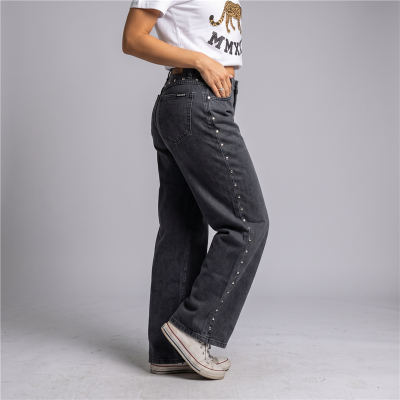 Mujer pantalon jean wide leg estrass laterales - EM