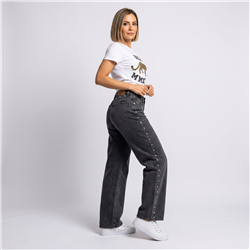 Mujer pantalon jean wide leg estrass laterales - EM