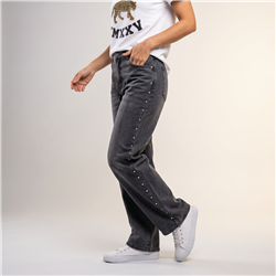 Mujer pantalon jean wide leg estrass laterales - EM