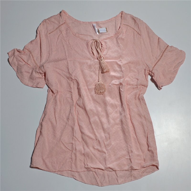 Mujer blusa rustica mangas guipur cuello cordon borlas