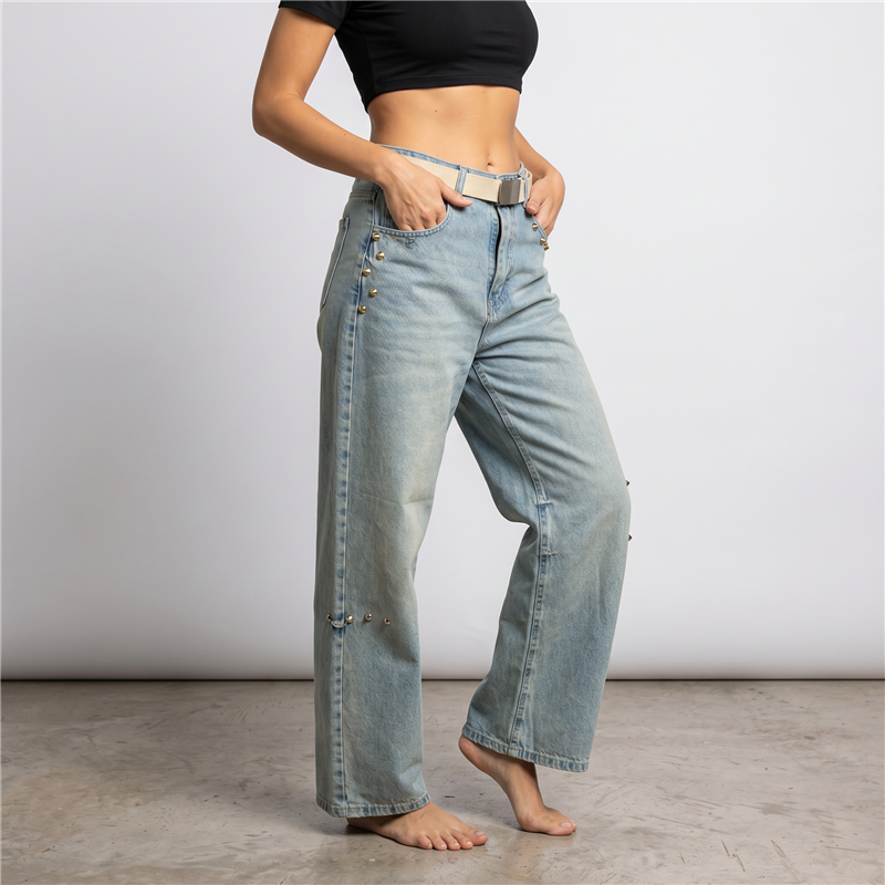 Mujer pantalon jean baggi tachas cinturon - HO