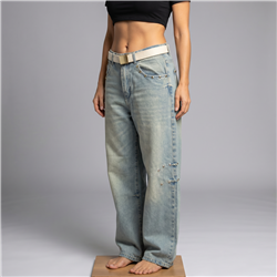 Mujer pantalon jean baggi tachas cinturon - HO